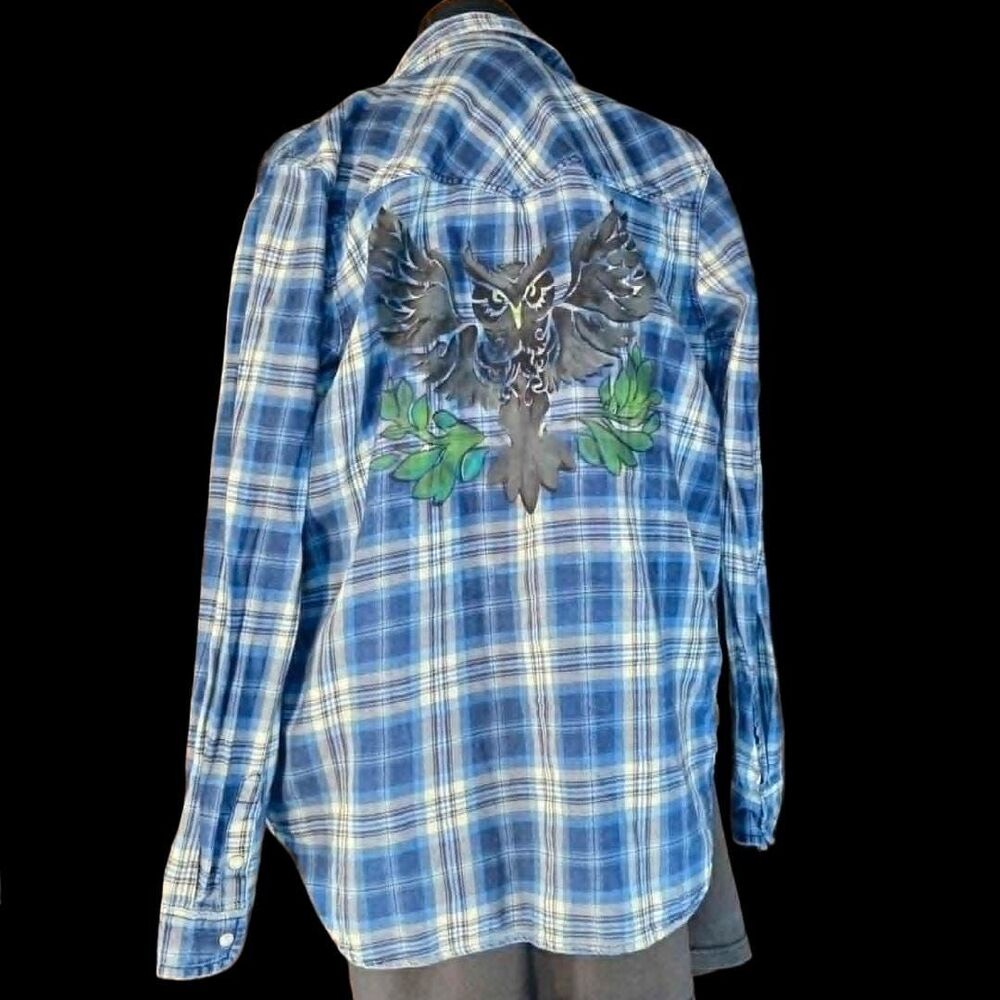 American Eagle Blue & White Plaid Shirt — Hand-Painted Owl Back | Size Medium